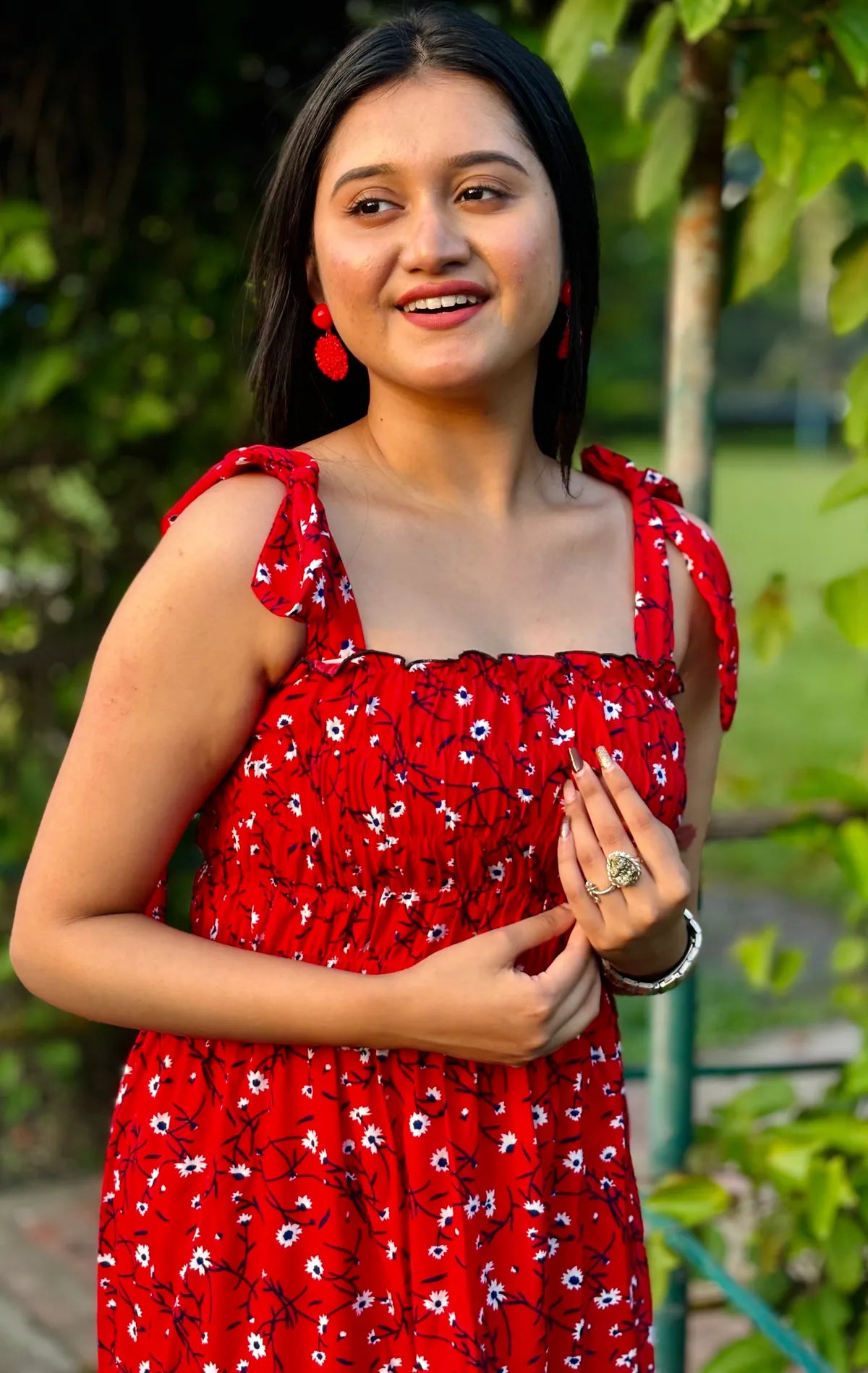 Red Cotton Crepe Printed Maxi Dress For Women