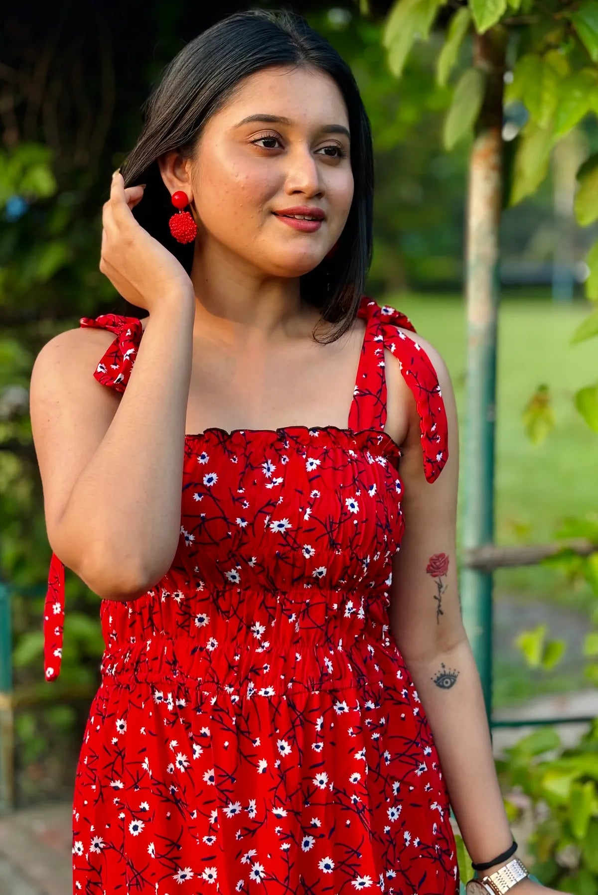 Red Cotton Crepe Printed Maxi Dress For Women