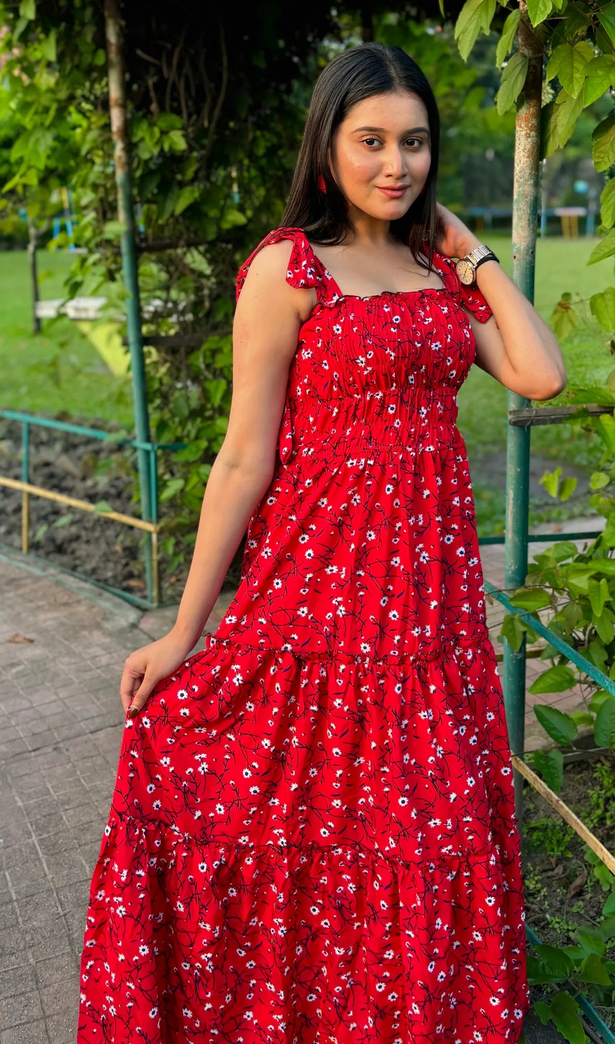 Red Cotton Crepe Printed Maxi Dress For Women