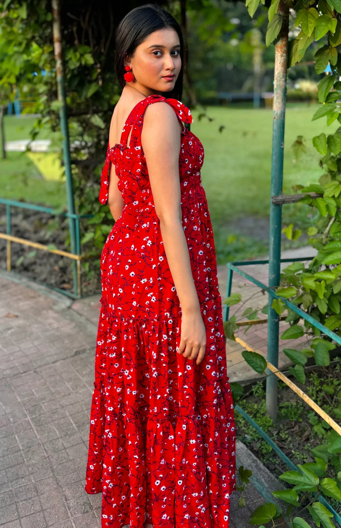 Red Cotton Crepe Printed Maxi Dress For Women