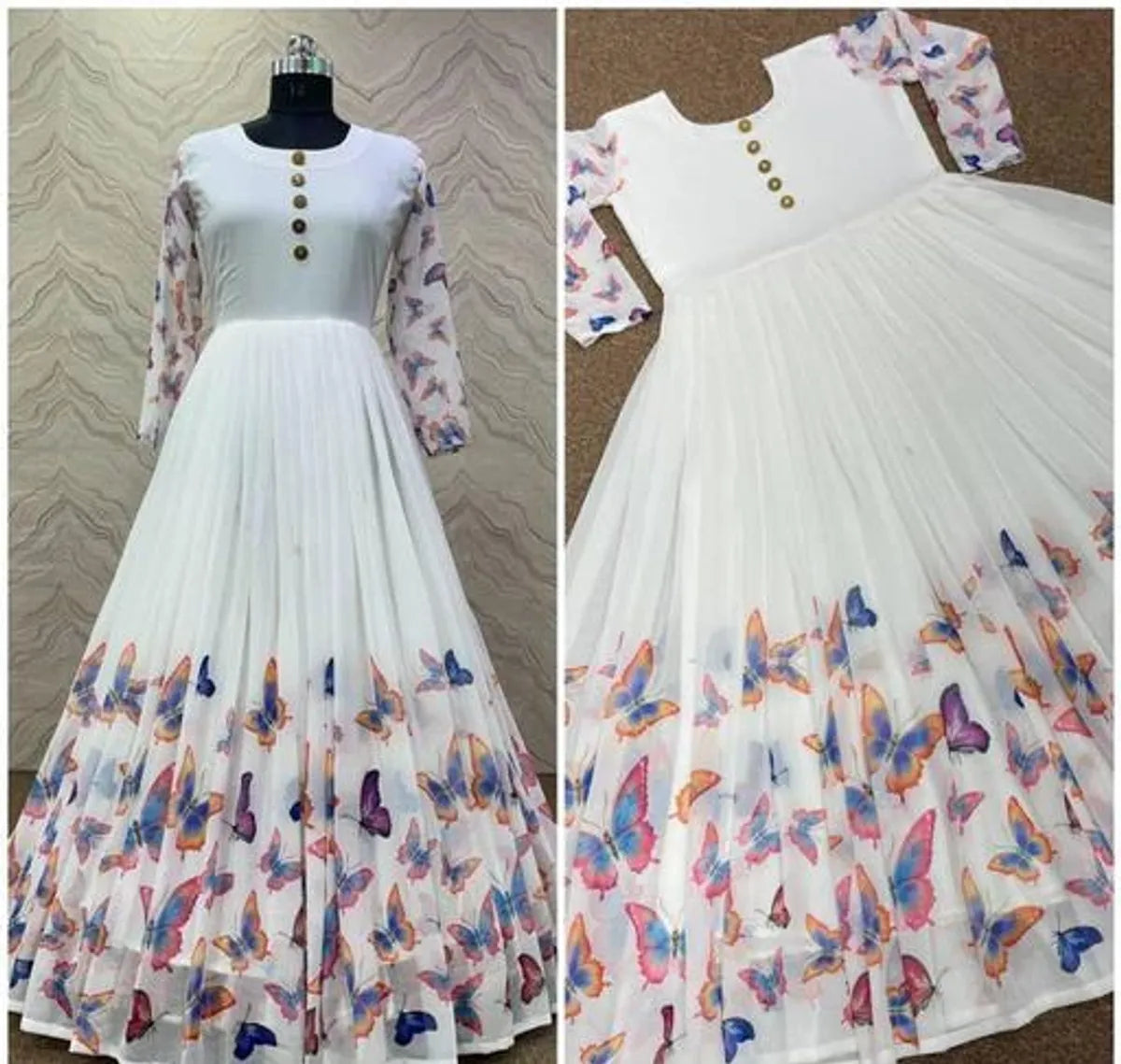 Off White Georgette Printed Flared Maxi Dress