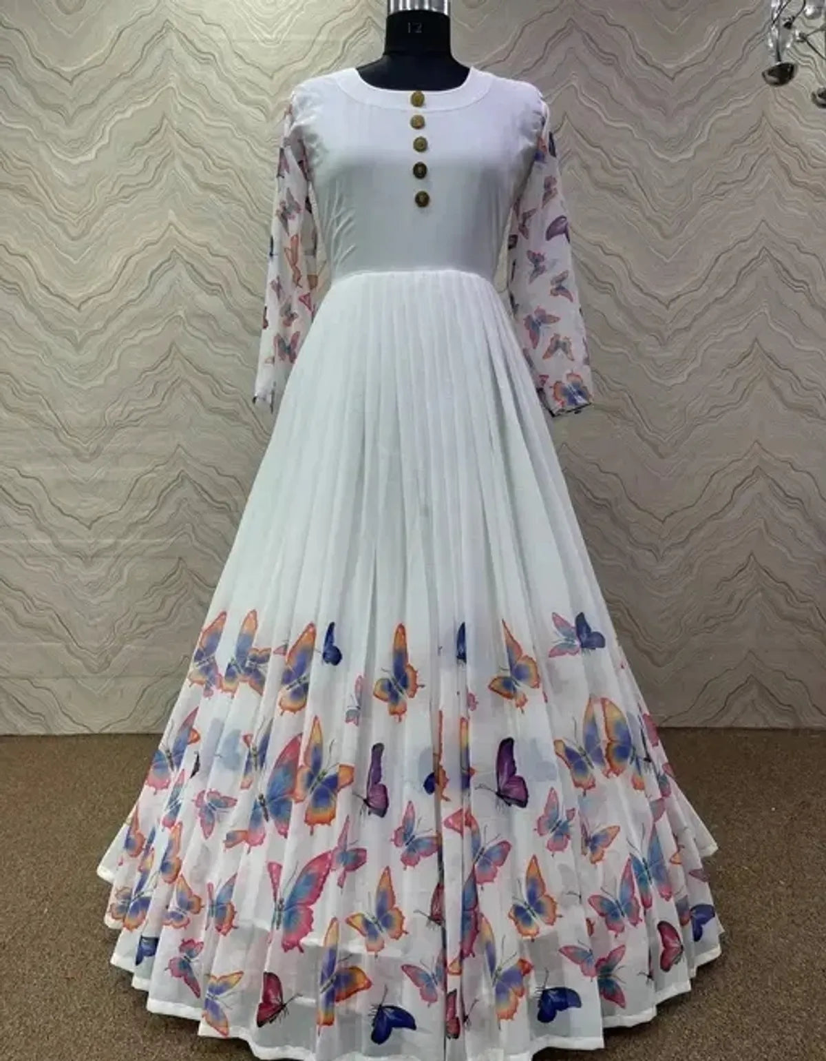 Off White Georgette Printed Flared Maxi Dress