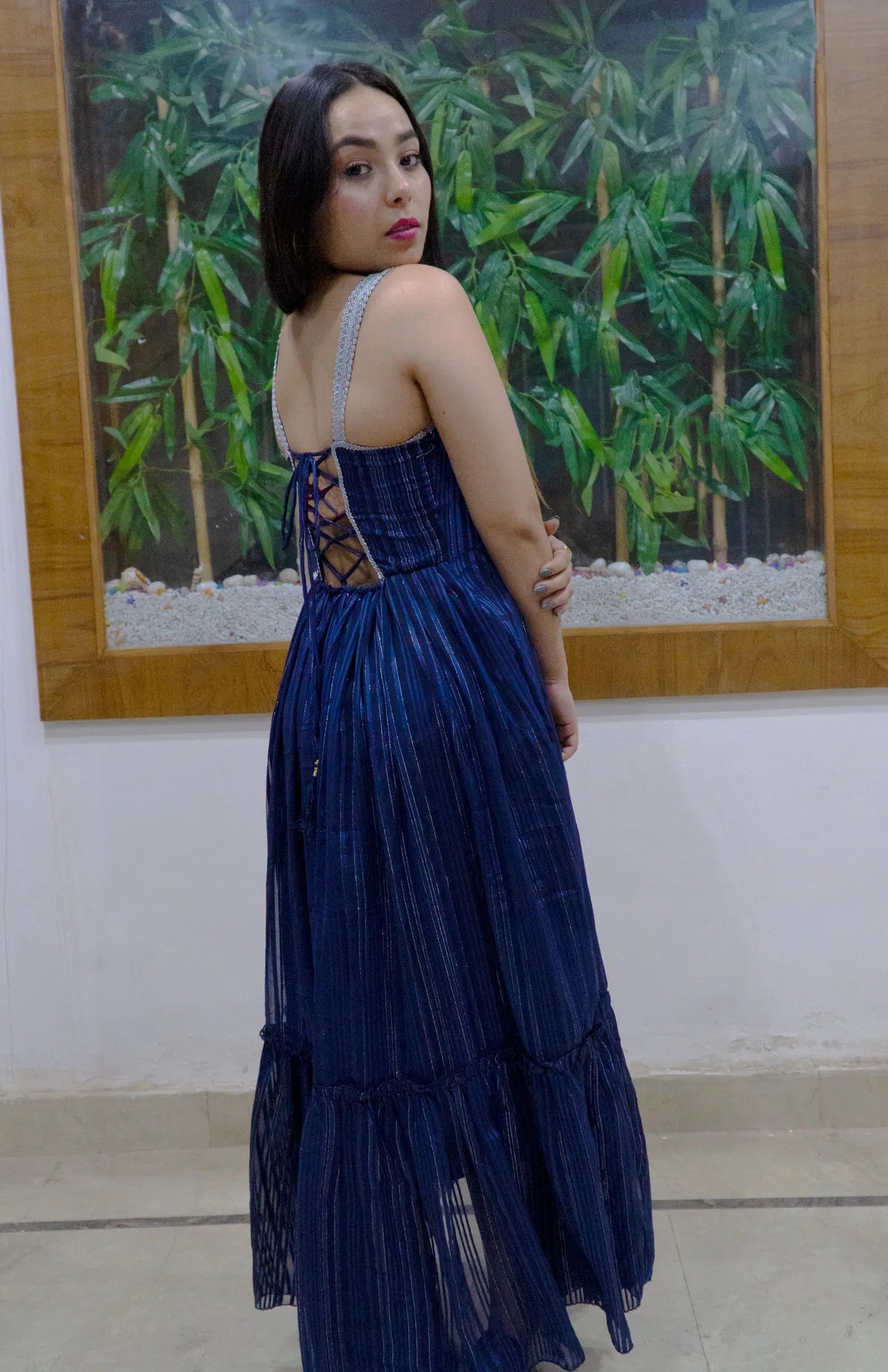 Blue Georgette Printed Flared Maxi Dress