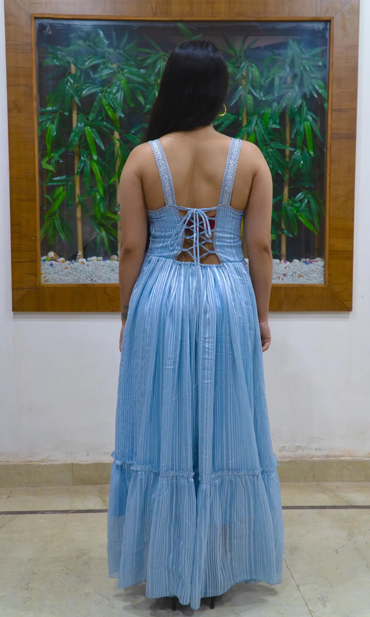 Sky Blue Georgette Printed Flared Maxi Dress