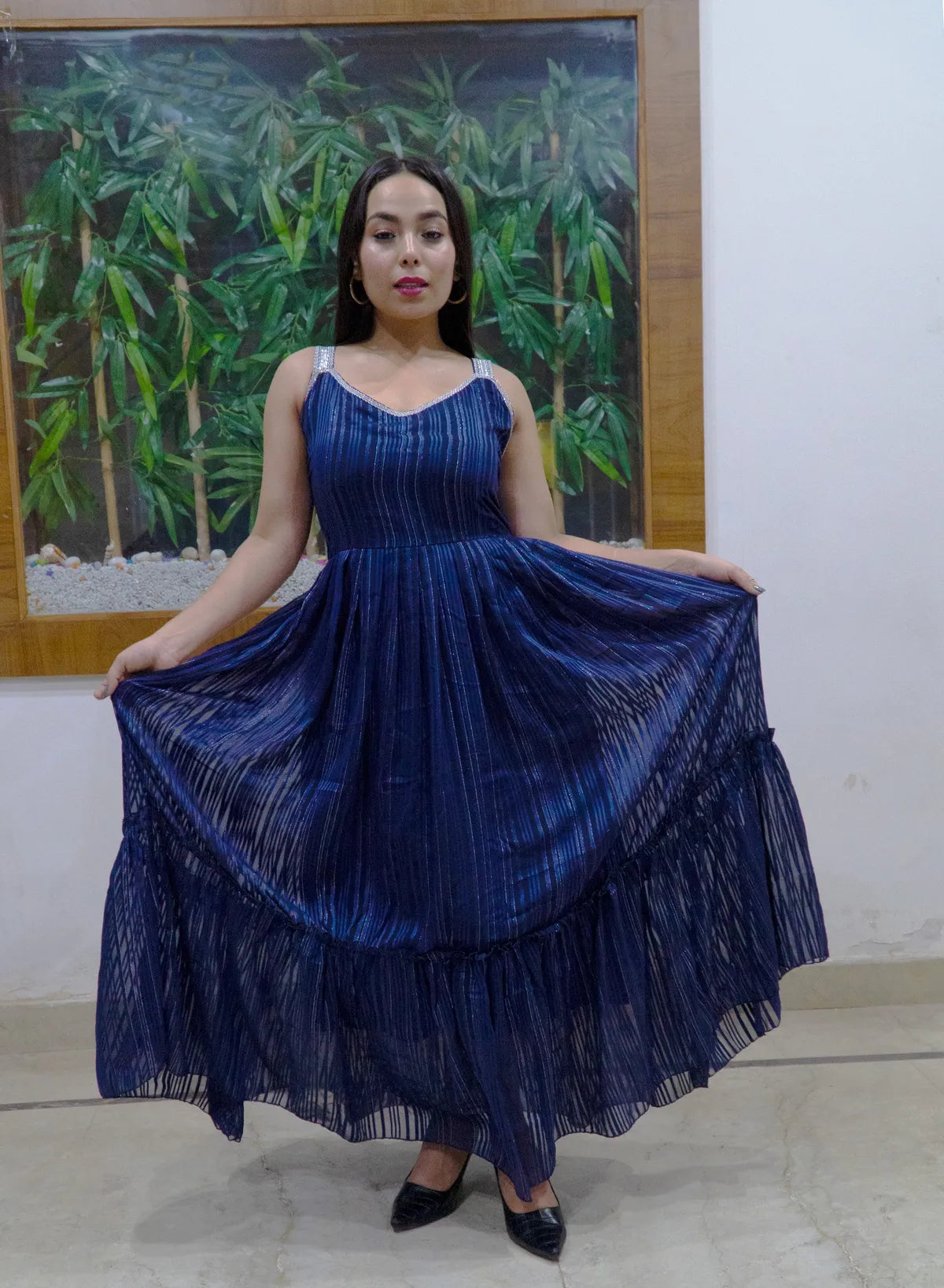 Blue Georgette Printed Flared Maxi Dress