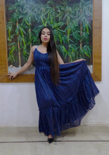 Blue Georgette Printed Flared Maxi Dress