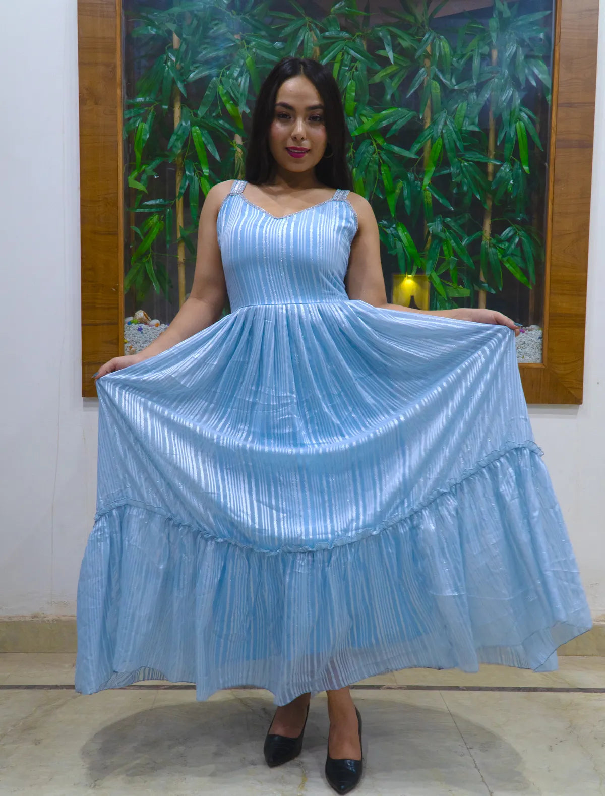 Sky Blue Georgette Printed Flared Maxi Dress