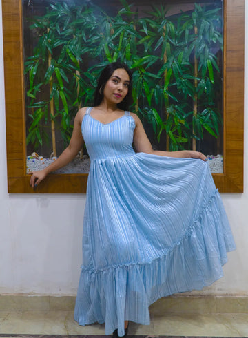 Sky Blue Georgette Printed Flared Maxi Dress