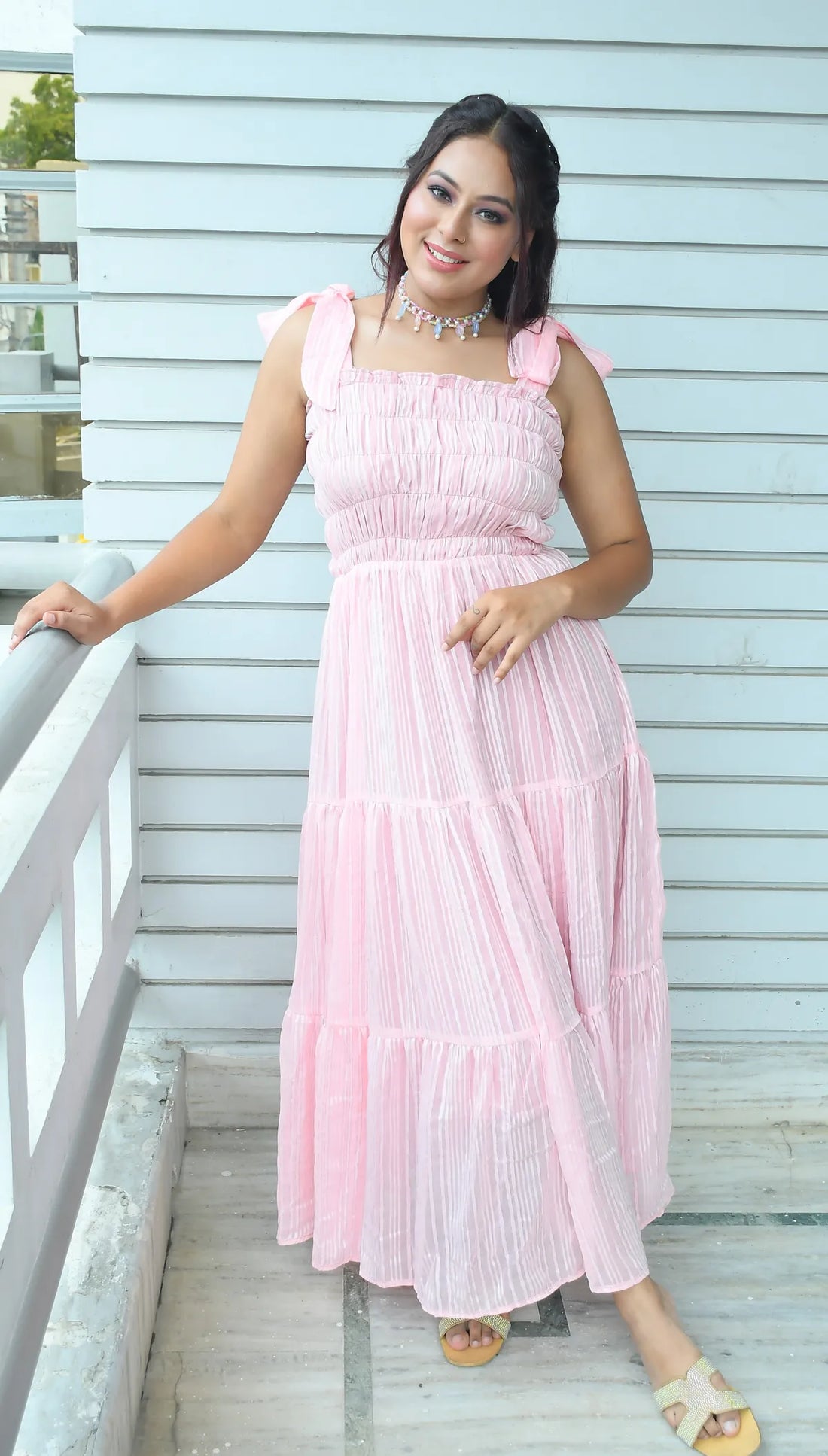 Pink Georgette Flared Maxi Dress