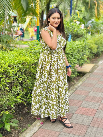 Grey Cotton Printed Flared Maxi Dress