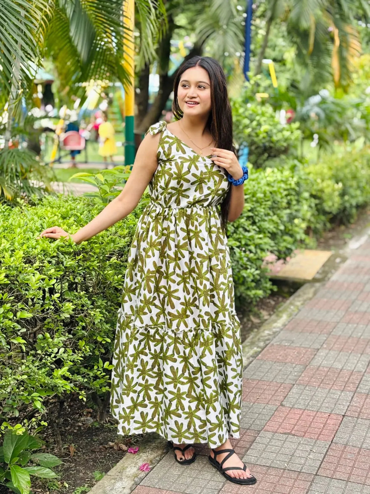 Grey Cotton Printed Flared Maxi Dress