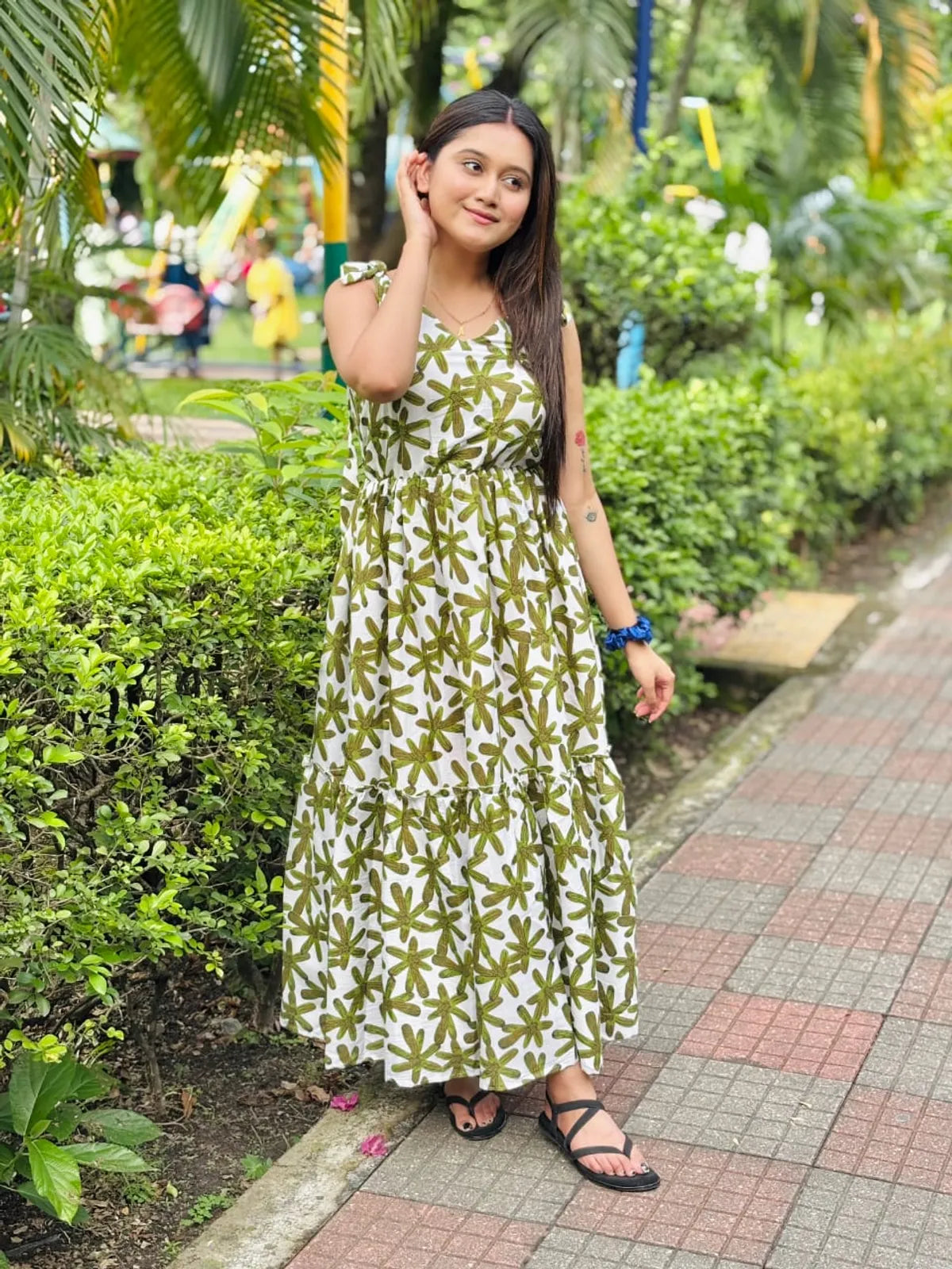 Grey Cotton Printed Flared Maxi Dress