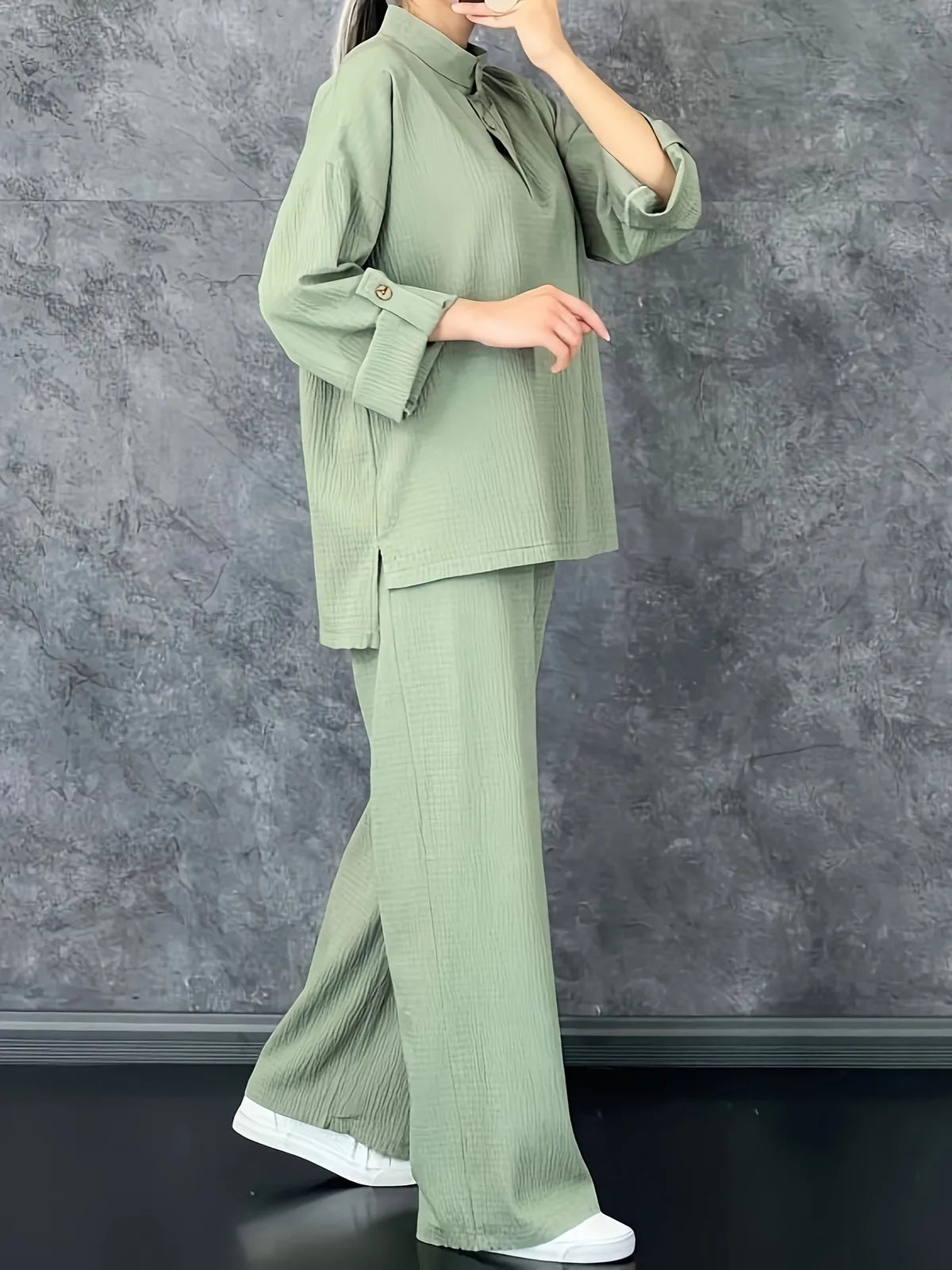 Sea Green Cotton Solid Co-Ord Set for Women