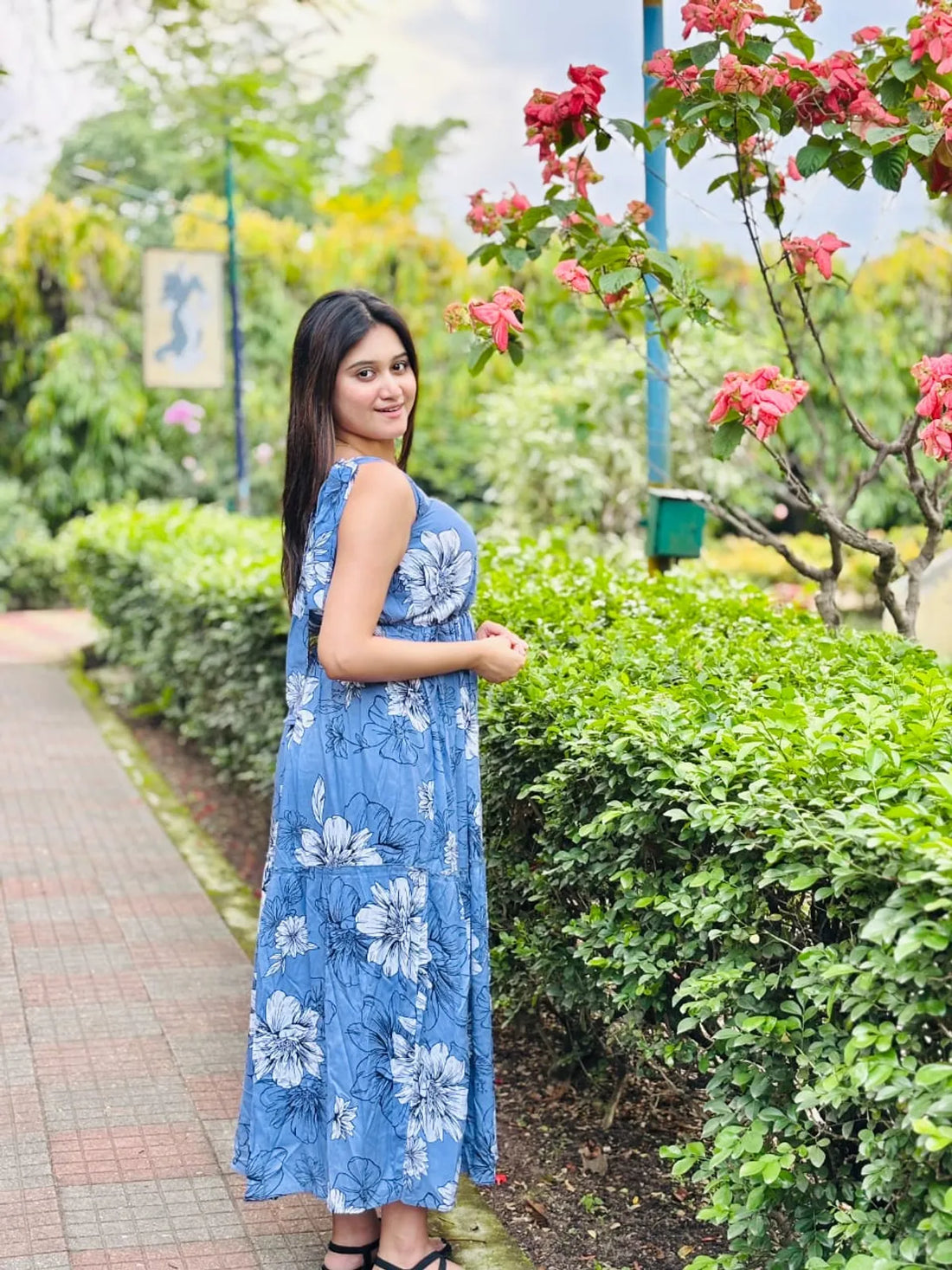 Sky Blue Rayon Cotton Printed Flared Maxi Dress For Women