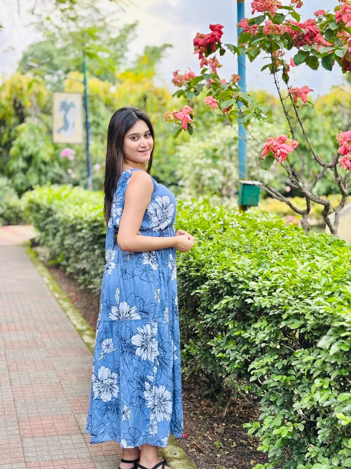 Sky Blue Rayon Cotton Printed Flared Maxi Dress For Women