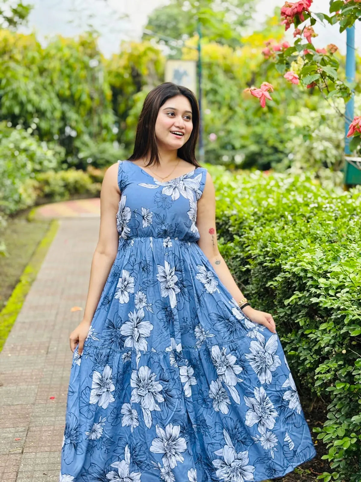 Sky Blue Rayon Cotton Printed Flared Maxi Dress For Women
