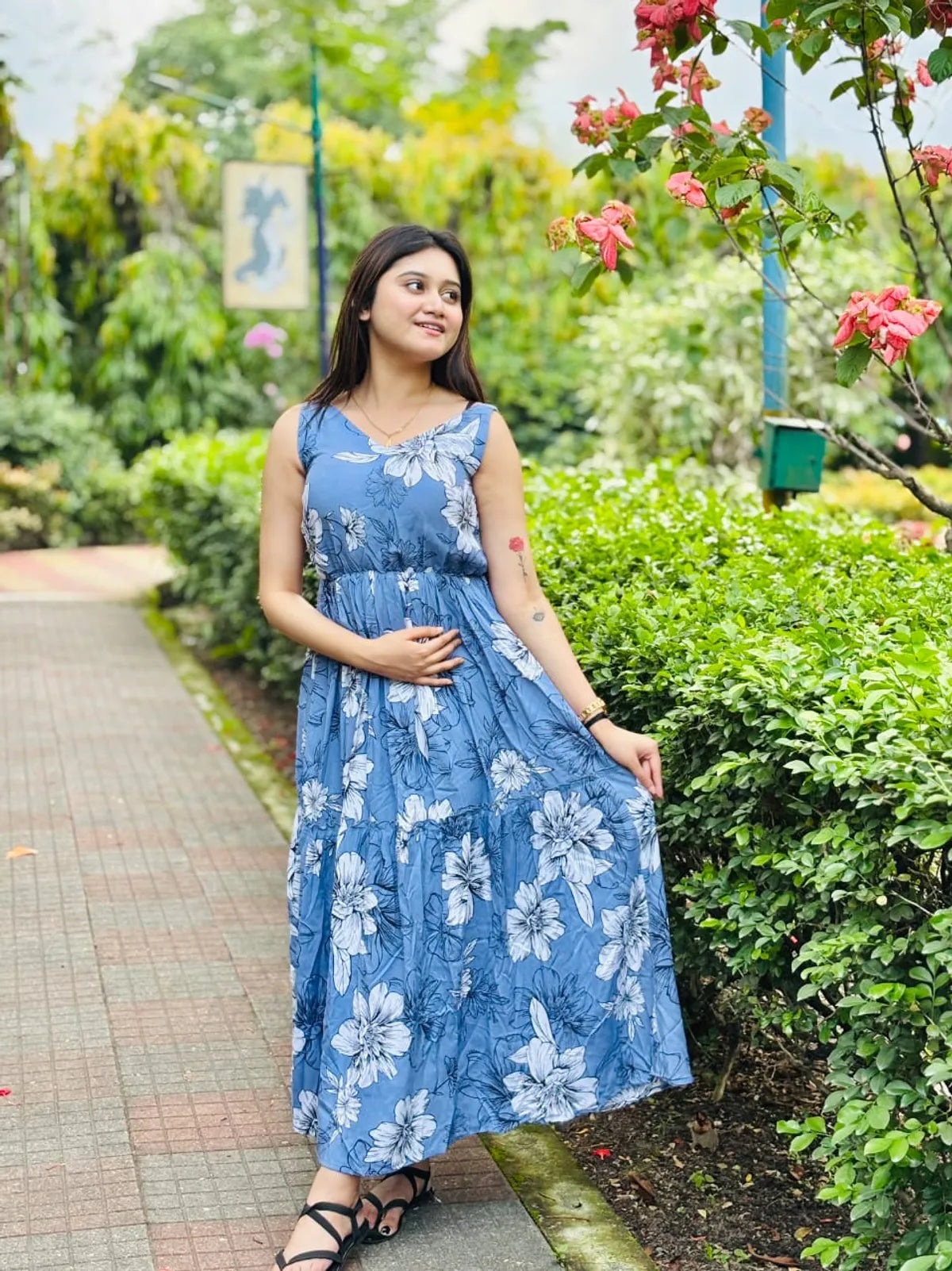 Sky Blue Rayon Cotton Printed Flared Maxi Dress For Women