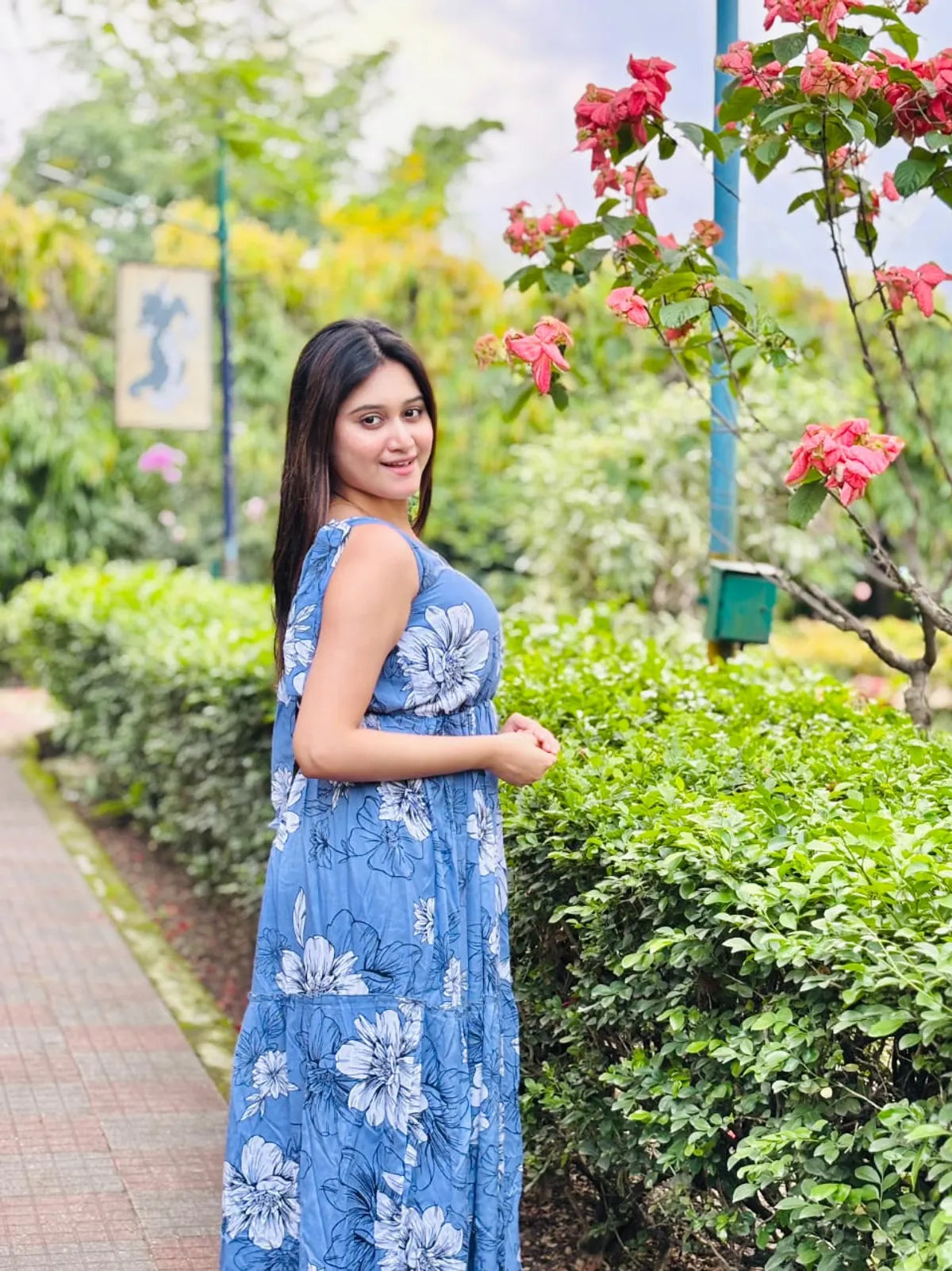 Sky Blue Rayon Cotton Printed Flared Maxi Dress For Women