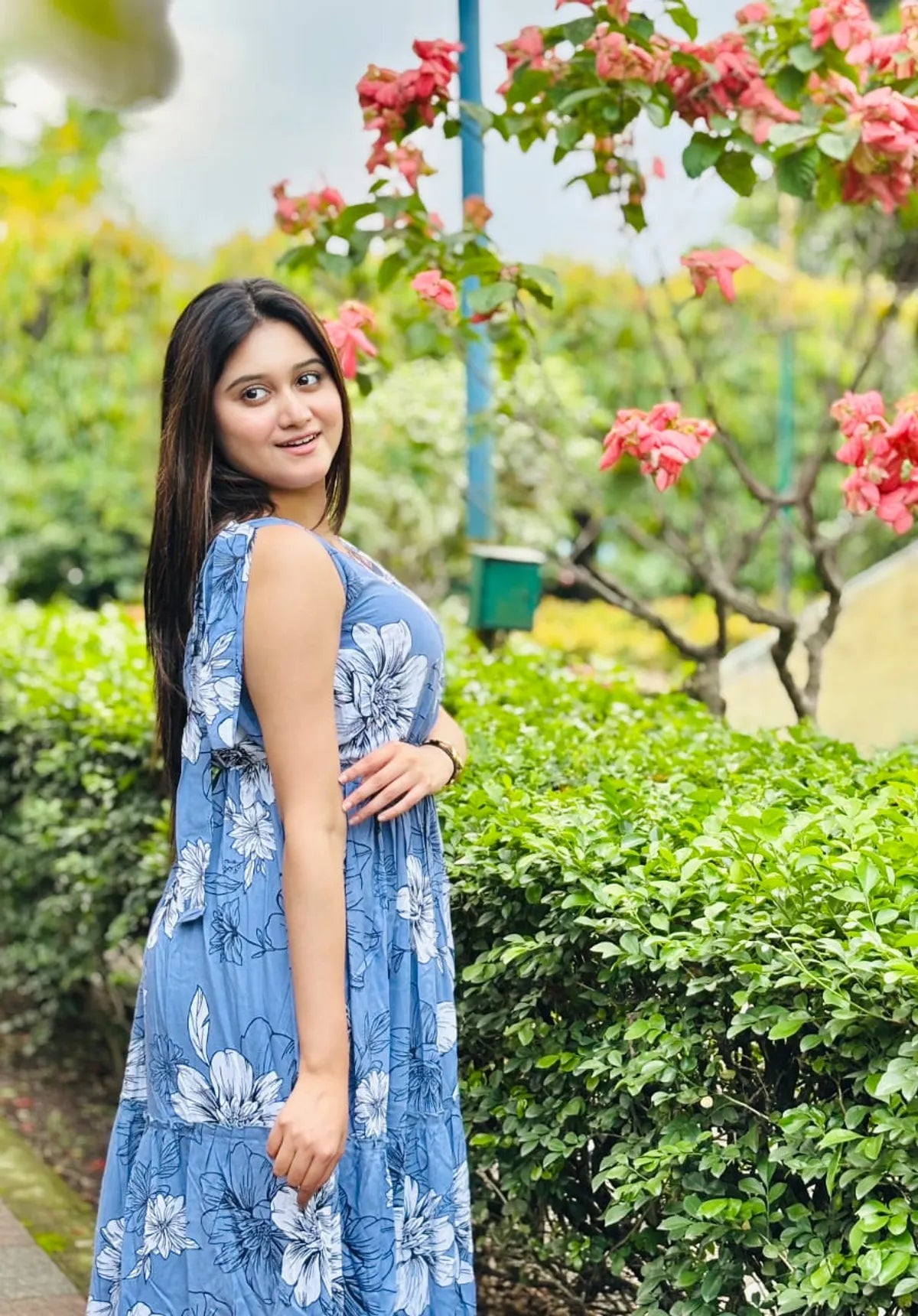 Sky Blue Rayon Cotton Printed Flared Maxi Dress For Women