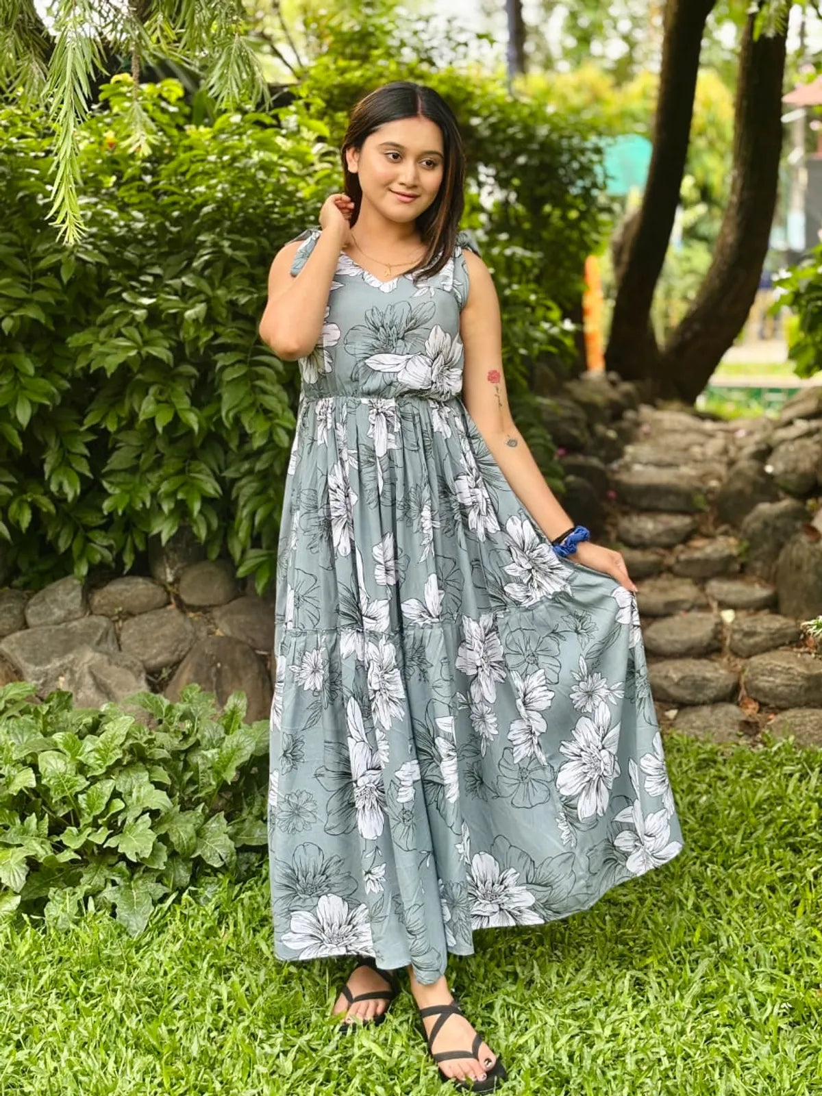 Grey Rayon Cotton Printed Flared Maxi Dress