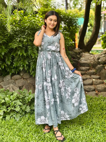 Grey Rayon Cotton Printed Flared Maxi Dress