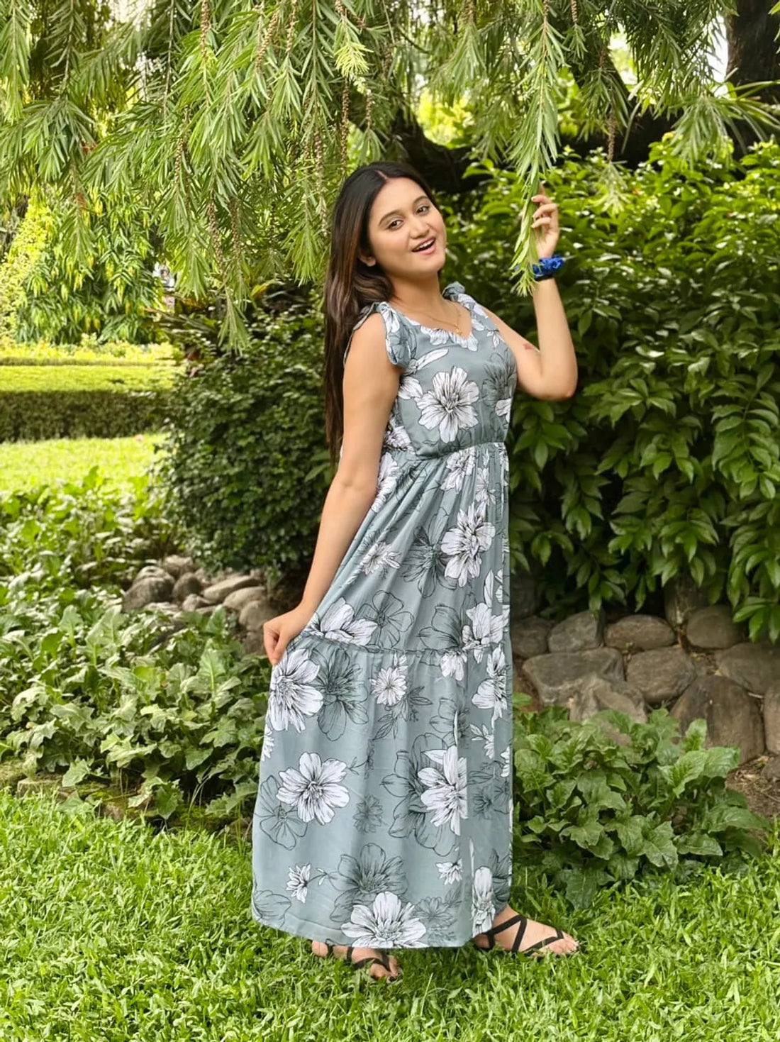 Grey Rayon Cotton Printed Flared Maxi Dress