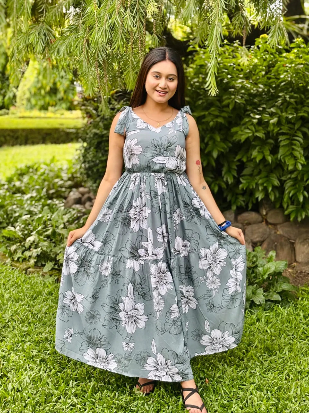 Grey Rayon Cotton Printed Flared Maxi Dress