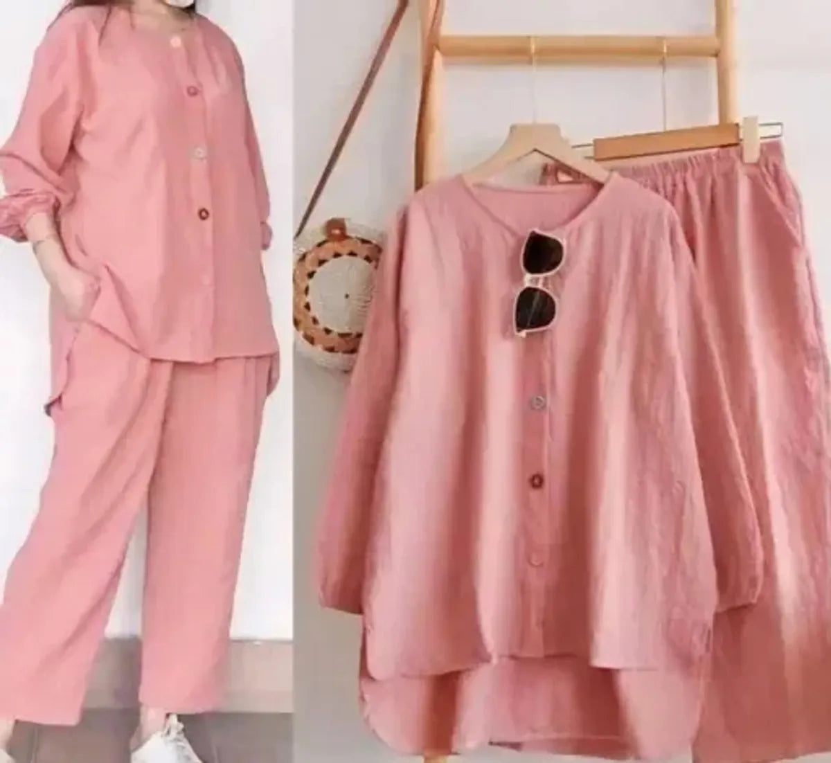 Peach Riyon Cotton Solid Co-Ord Set for Women