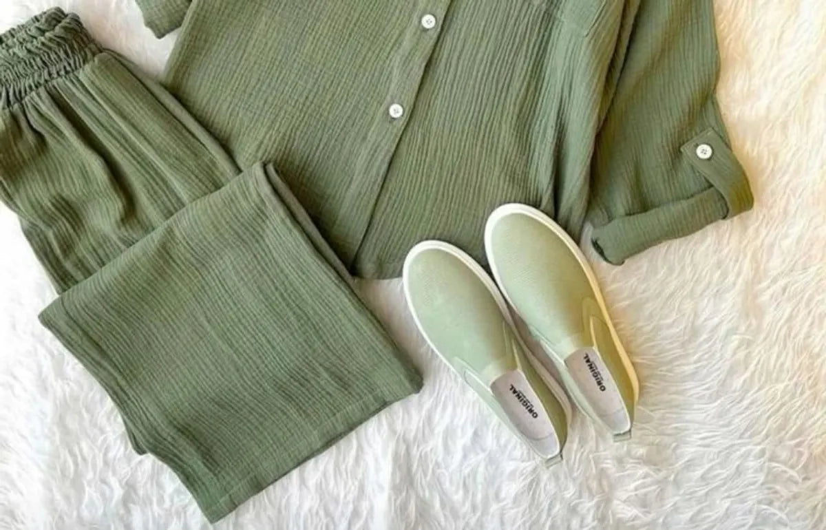 Green Cotton Solid Co-Ord Set for Women