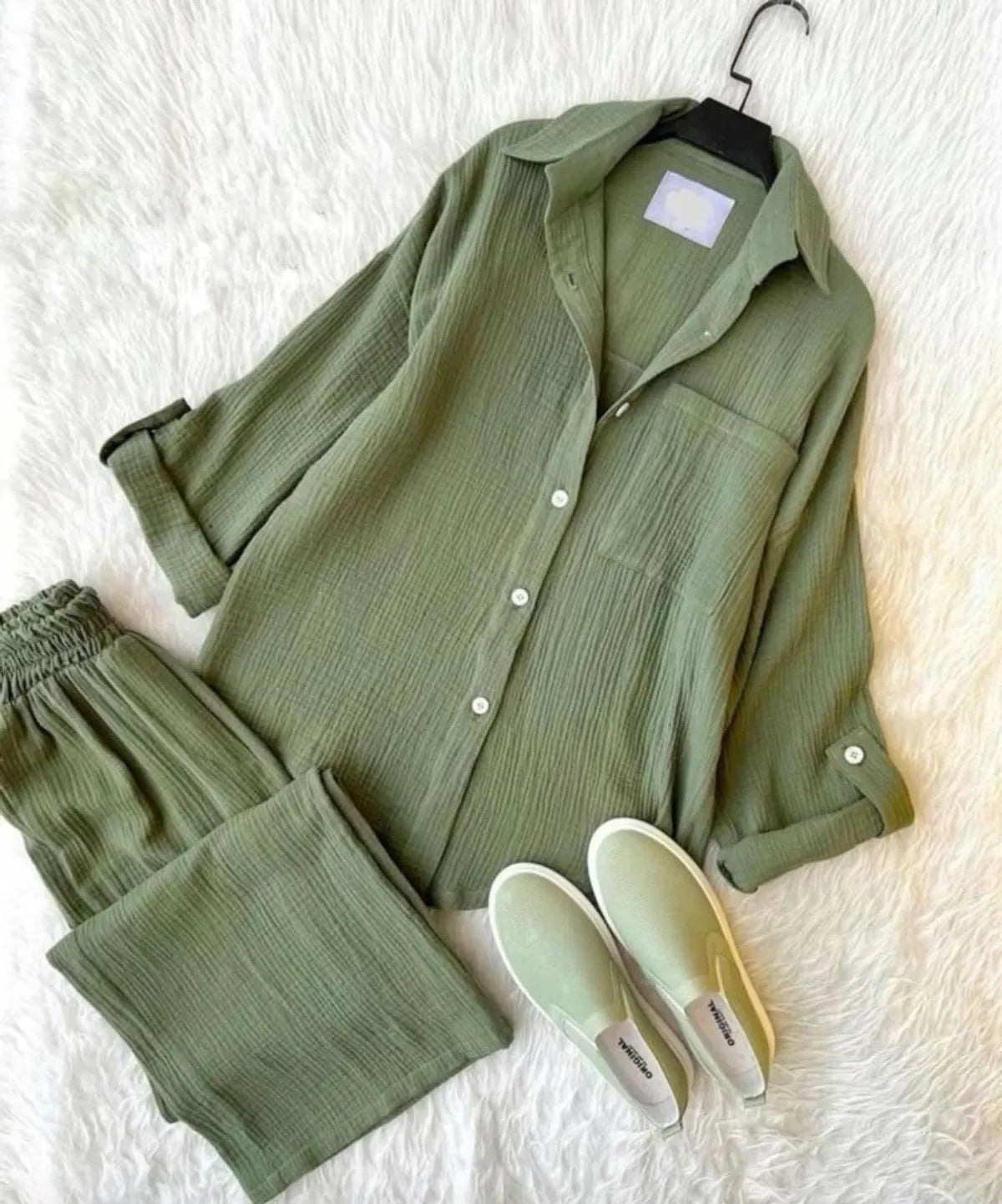 Green Cotton Solid Co-Ord Set for Women