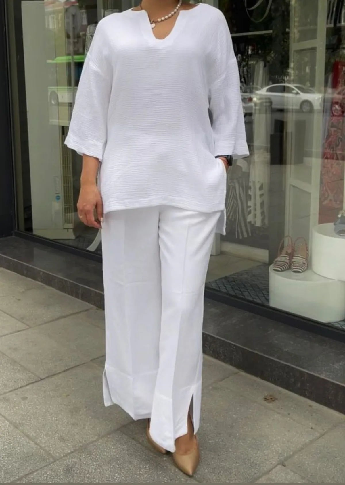 White Cotton Solid Co-Ord Set for Women