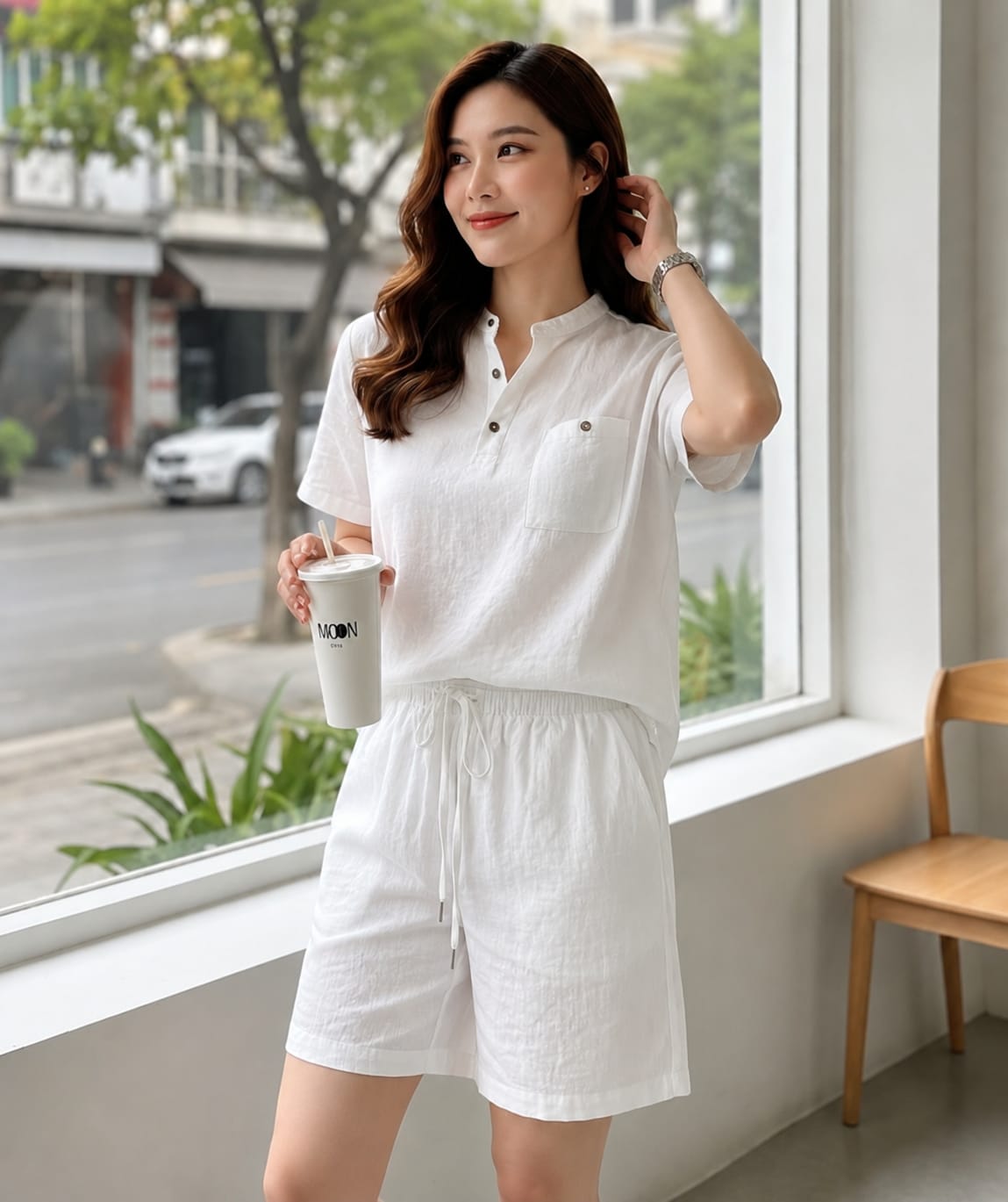 White Cotton Solid short Co-Ord Set for Women