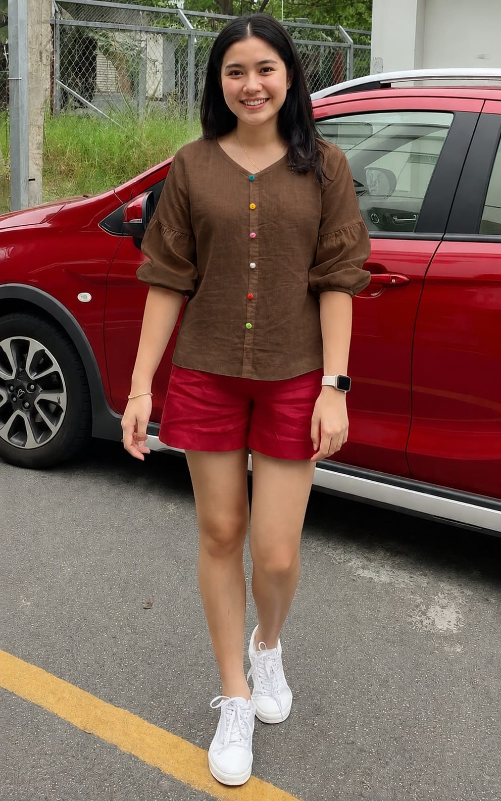brown women puff sleeve cotton top