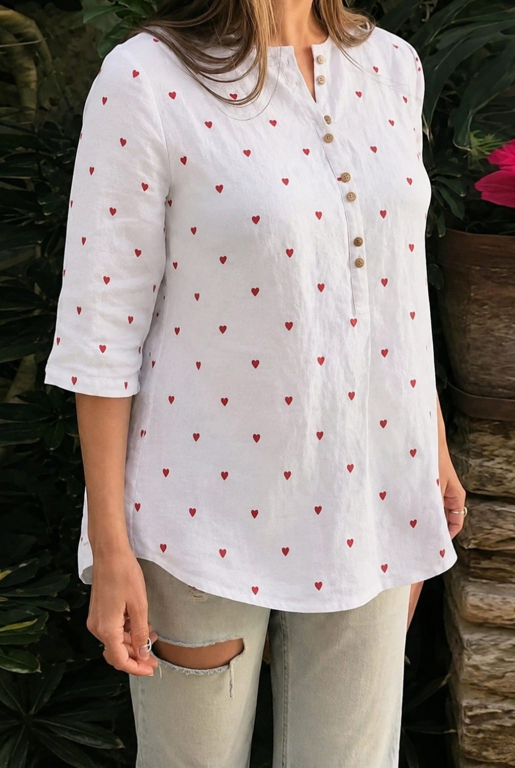 White Cotton Solid Short red heart  Kurta For Women
