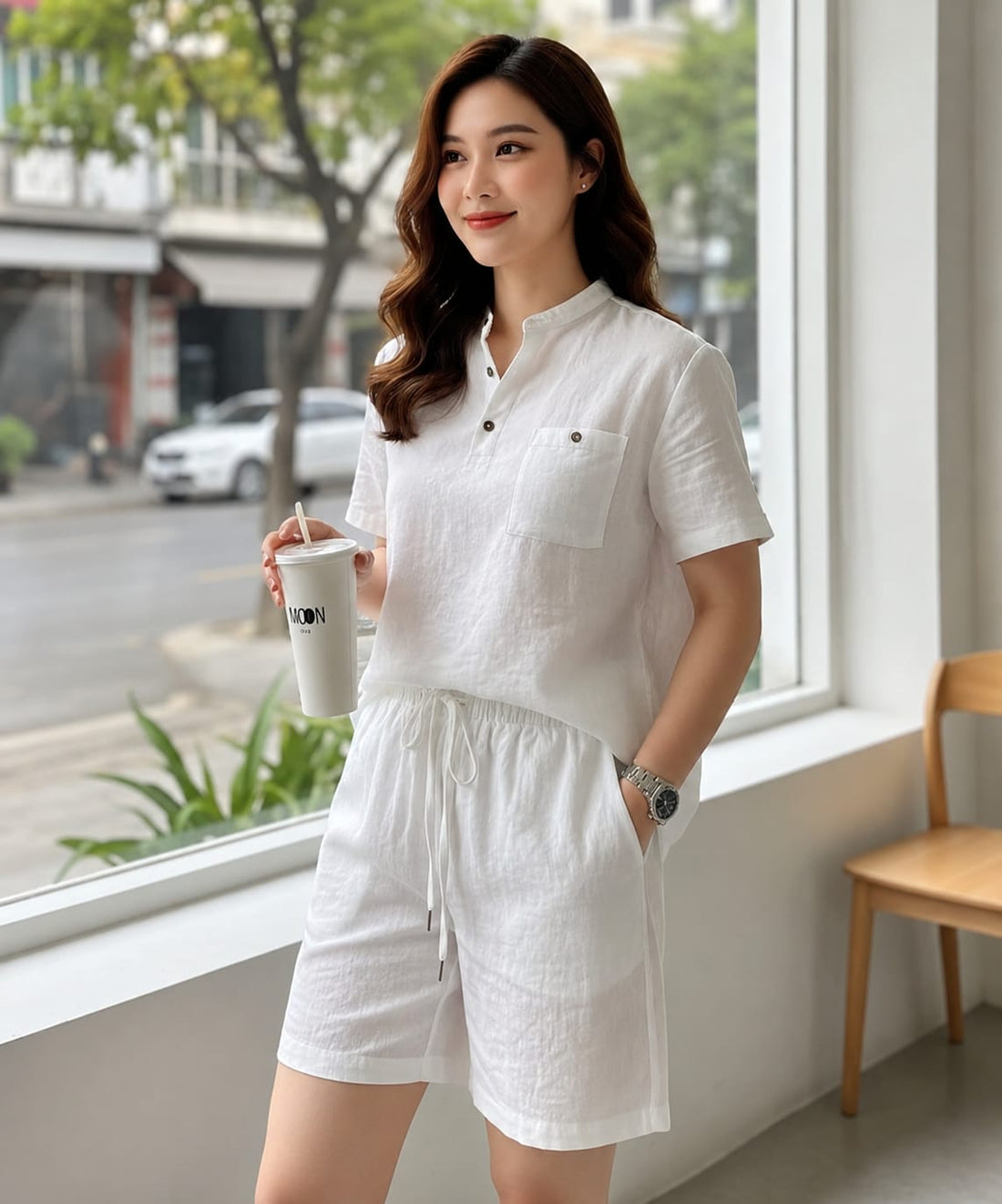 White Cotton Solid short Co-Ord Set for Women