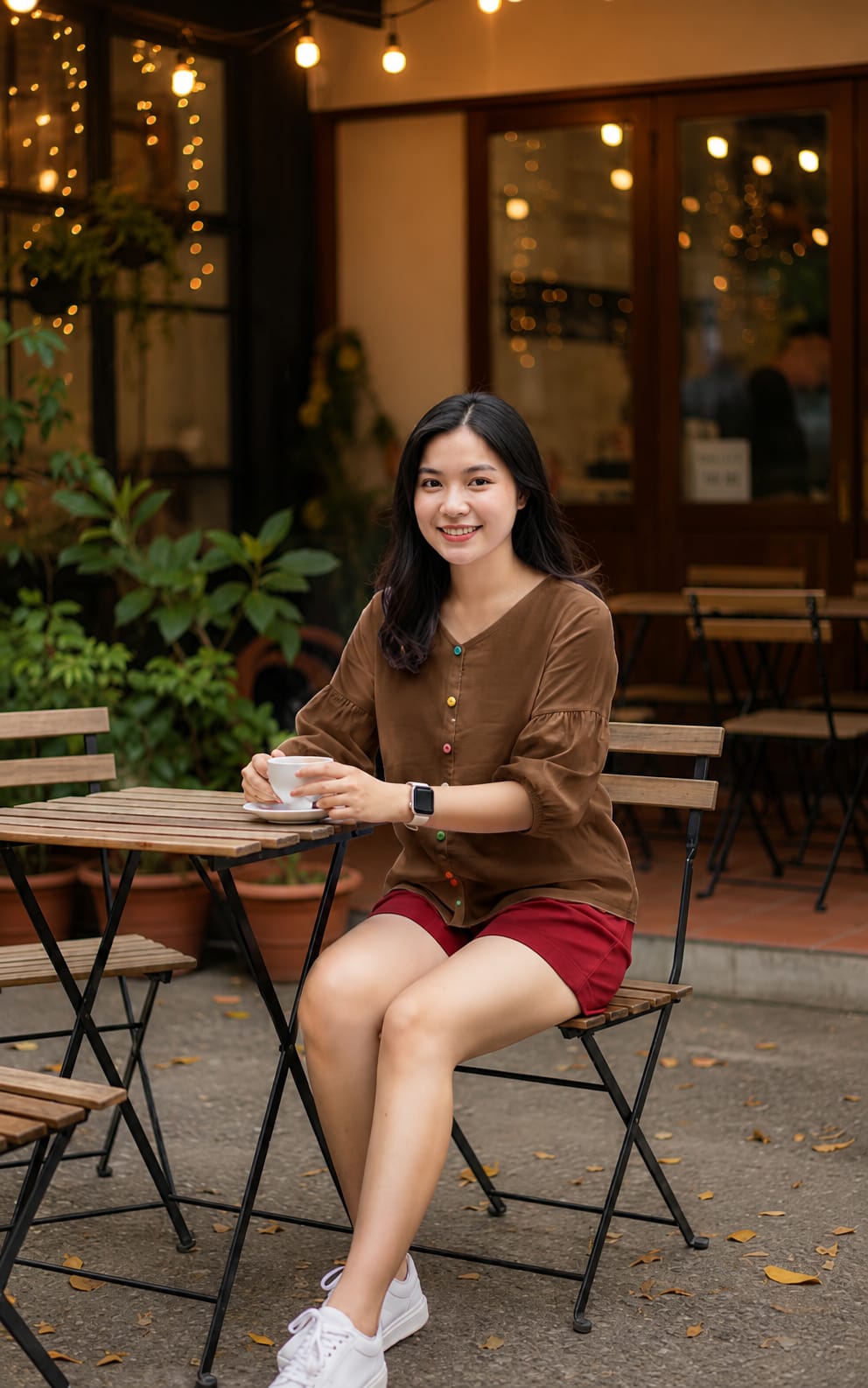 brown women puff sleeve cotton top