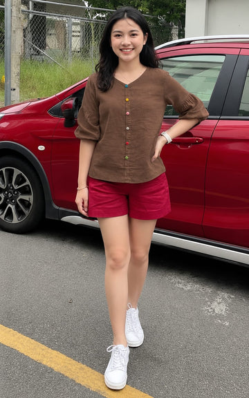 brown women puff sleeve cotton top
