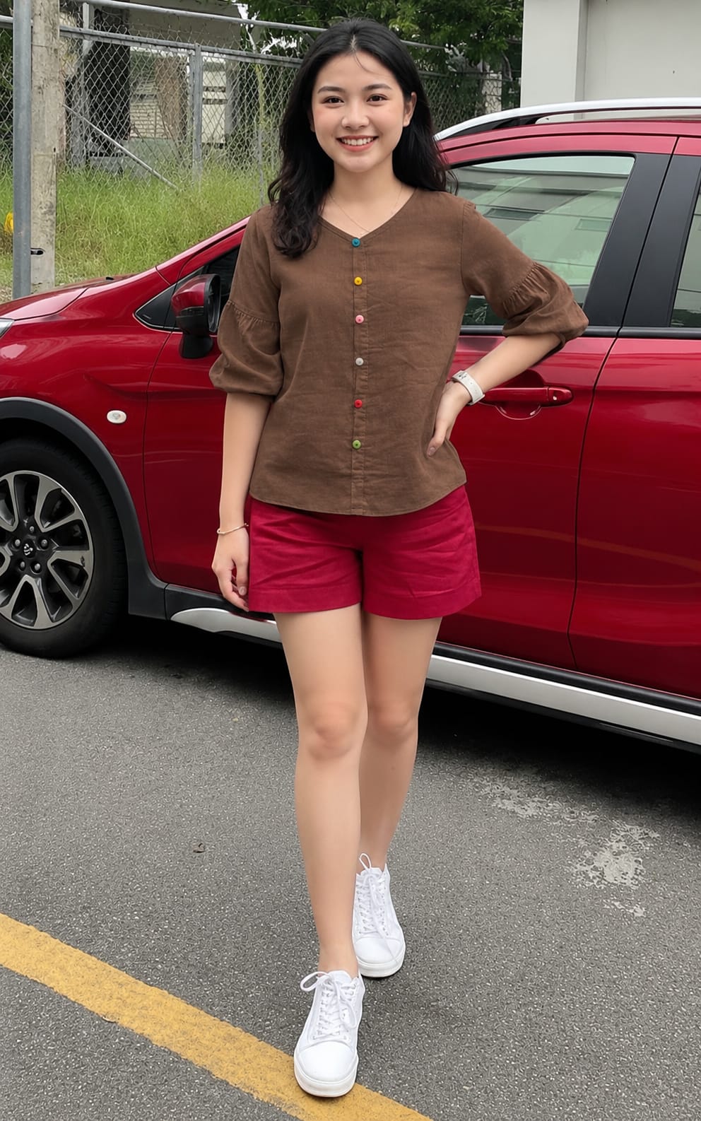 brown women puff sleeve cotton top
