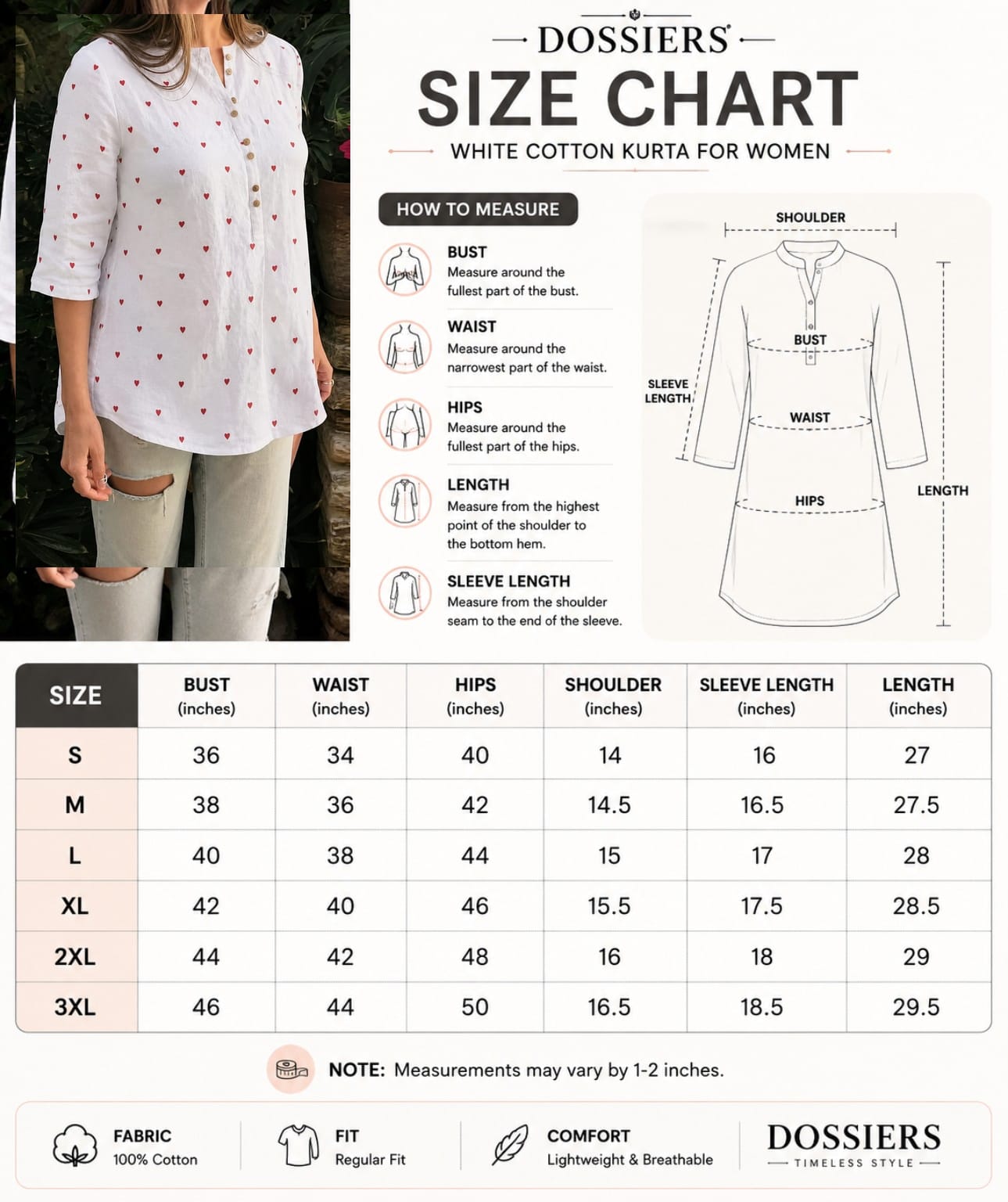 White Cotton Solid Short red heart  Kurta For Women